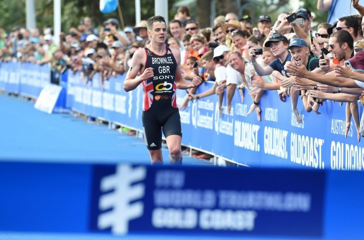 Britain's Jonathan Brownlee pictured en route to victory at the Gold Coast leg of the World Triathlon Series this year ©ITU
