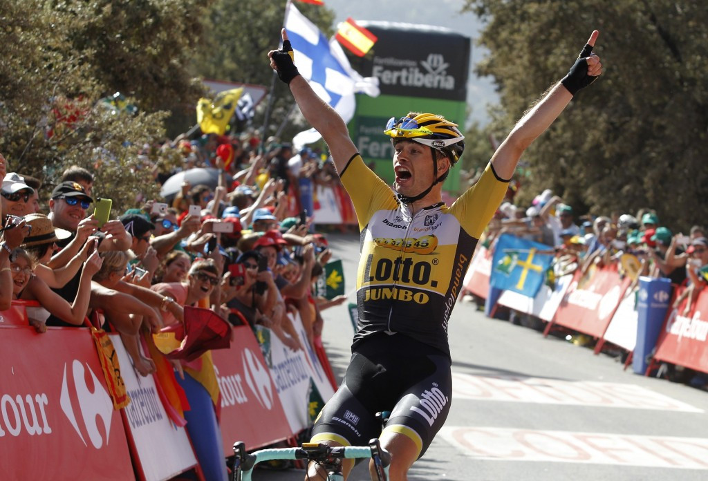 Bert-Jan Lindeman celebrates after winning stage seven of the Vuelta a Espana