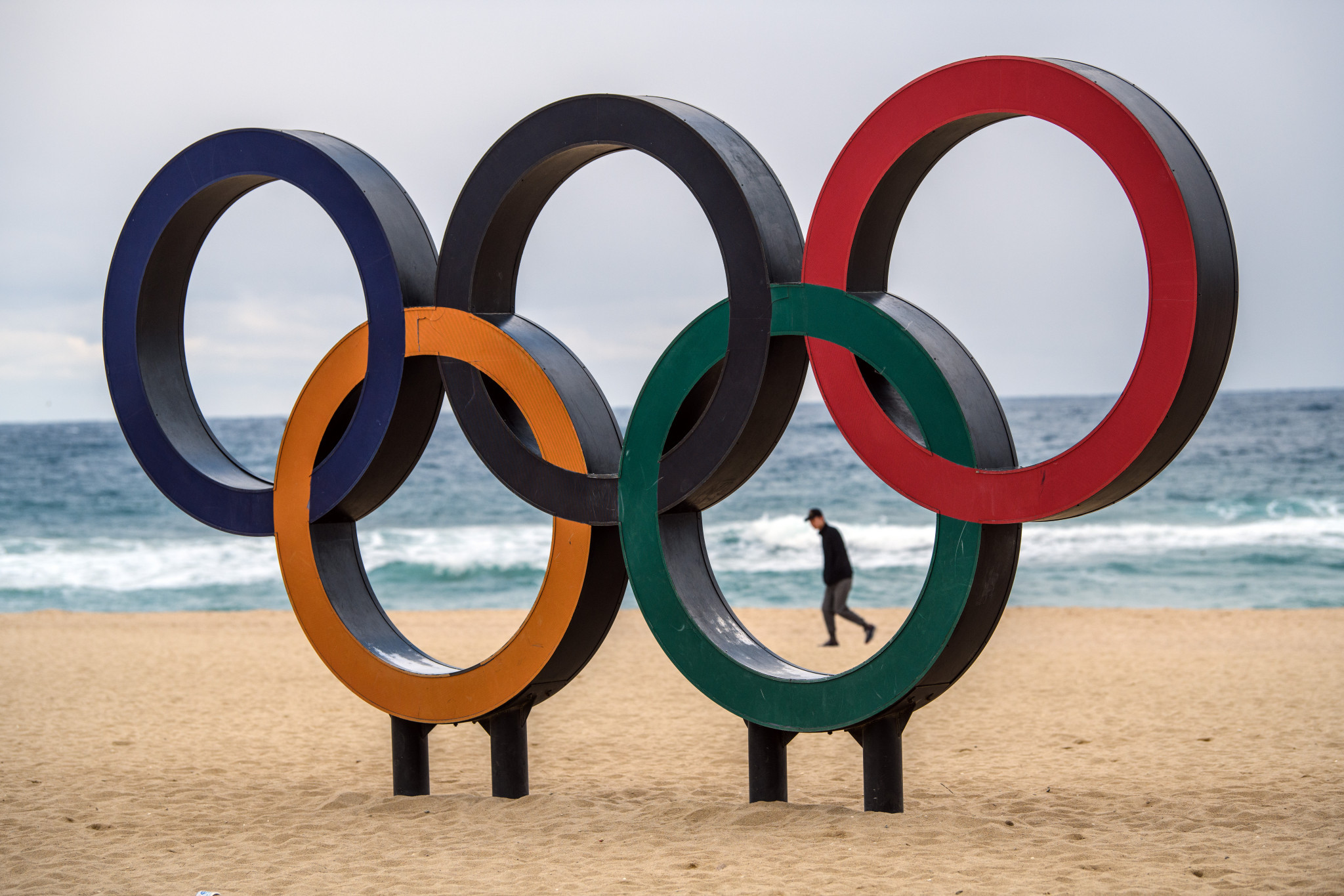 The Olympic Rings are seen on a beach at the Gangneung coastal cluster ©Getty Images