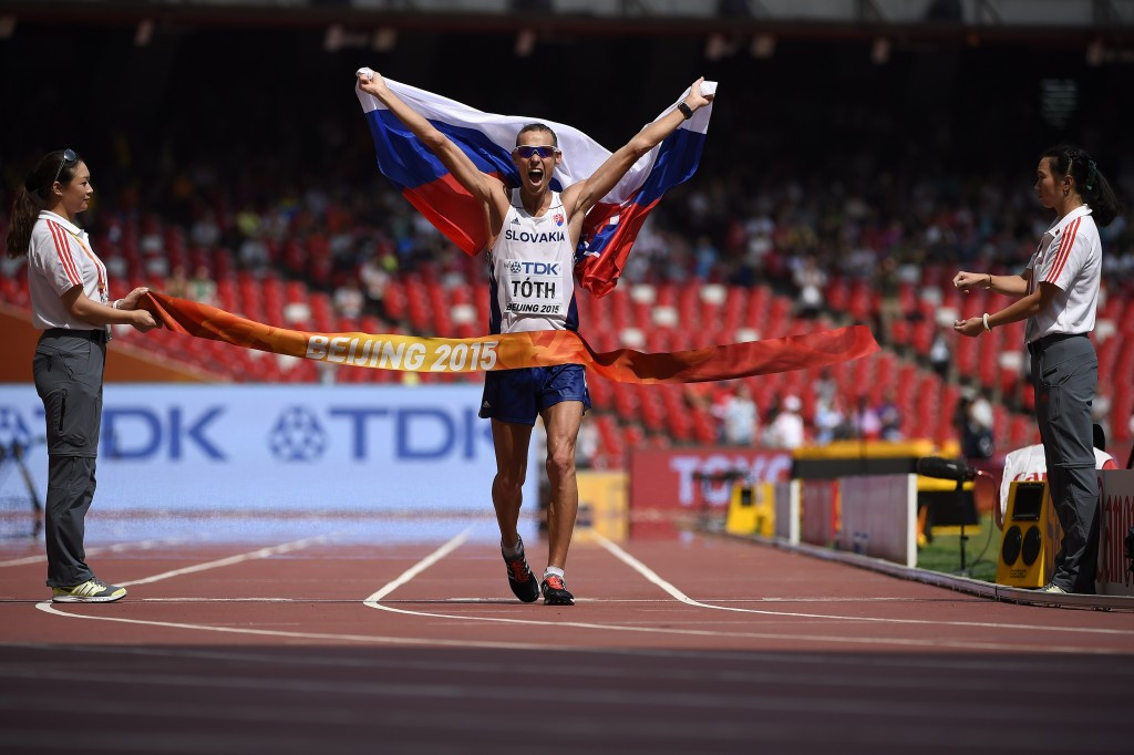 Matej Toth of Slovakia, pictured winning the men's 50km race walk title, will not compete at the next World Cup in Russia because of the doping abuses within walking in that country ©Getty Images
