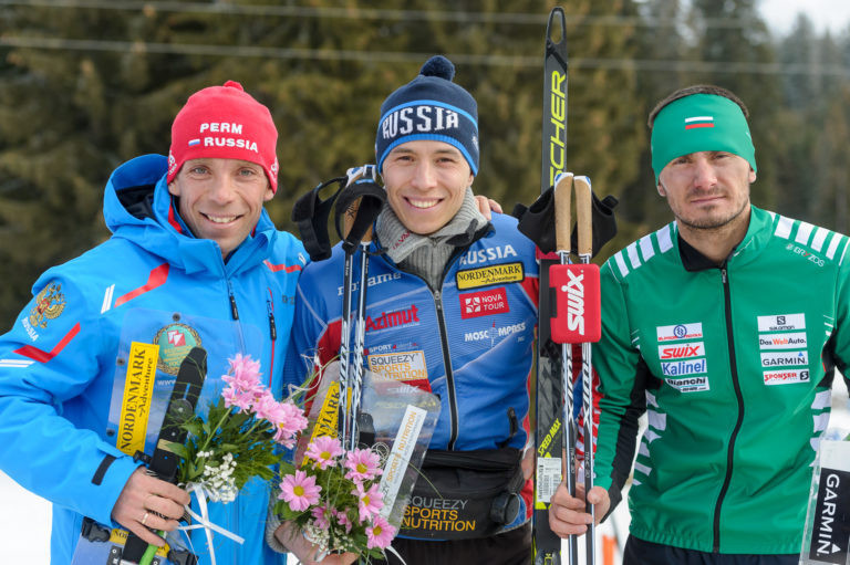 Andrey Lamov, centre, collected his first gold medal of the competition ©IOF