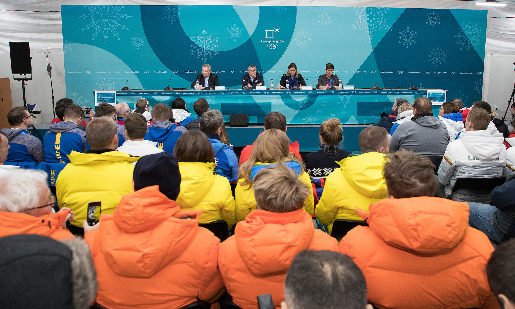 IOC officials including President Thomas Bach brief delegations in the Athletes' Village shortly before an alleged incident between a Canadian and Russian athlete ©IOC/Flickr