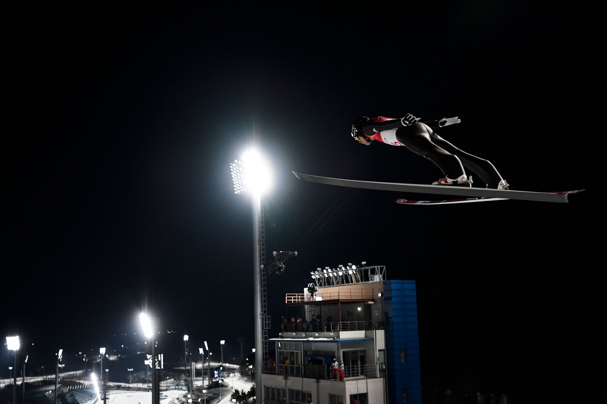 Slovenia's Jernej Damjan competes in ski jumping qualification ©Getty Images