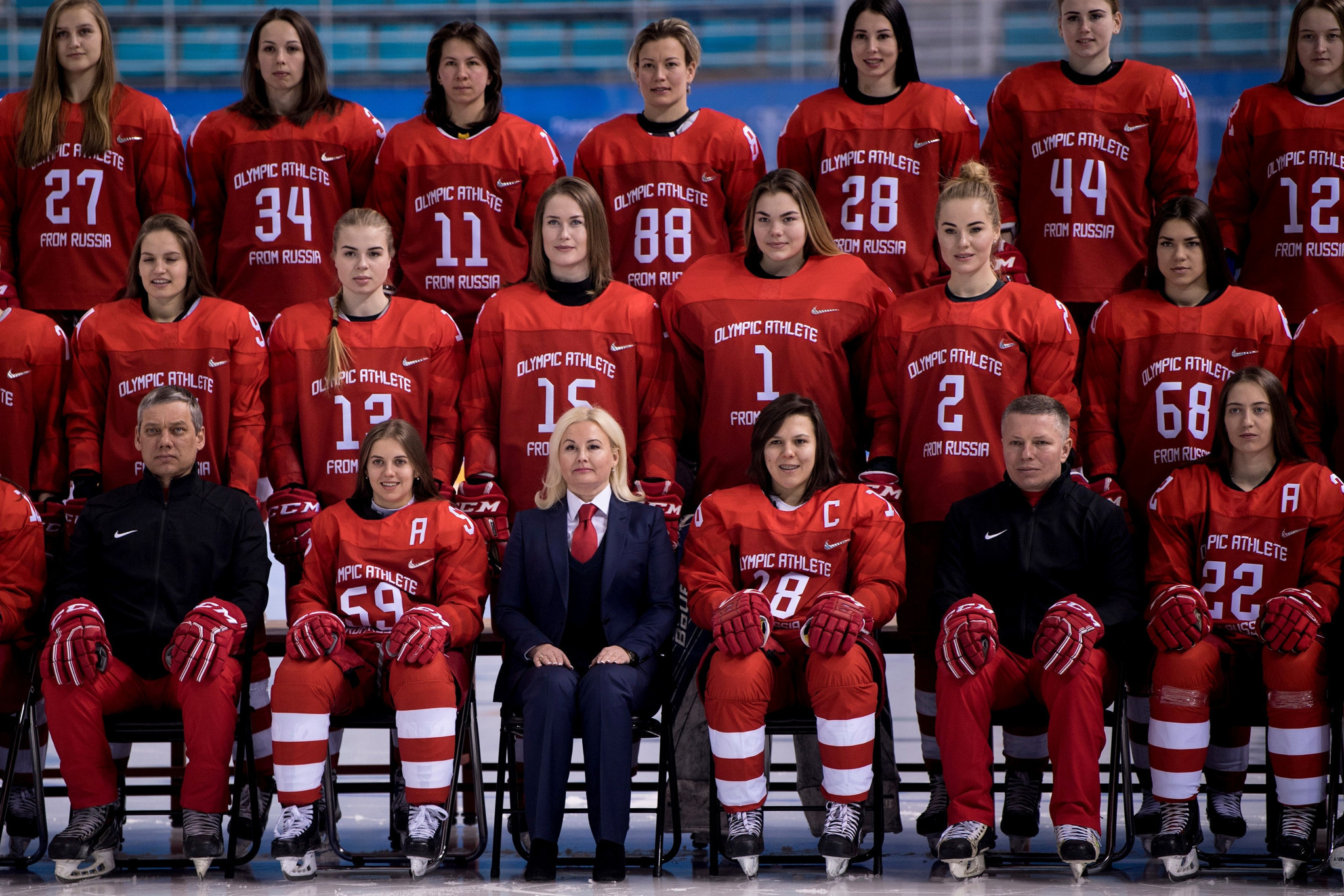 The Olympic Athletes from Russia squad, including the women's ice hockey team, have been banned from displaying any national colours of symbols on their uniforms at Pyeongchang 2018 ©Getty Images