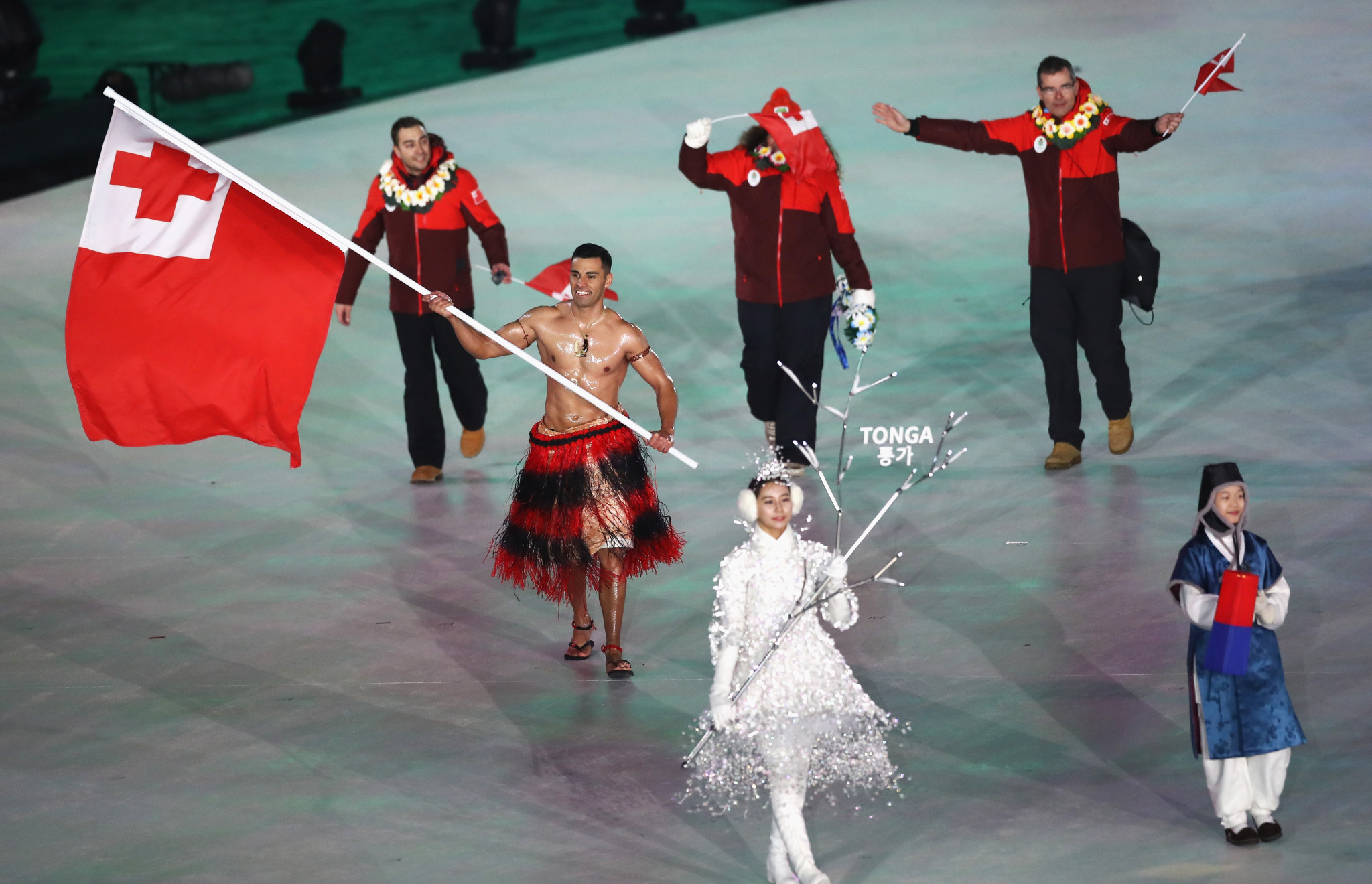 Tonga flagbearer Pita Taufatofua marched topless at the Opening Ceremony after doing the same at Rio 2016 ©Getty Images