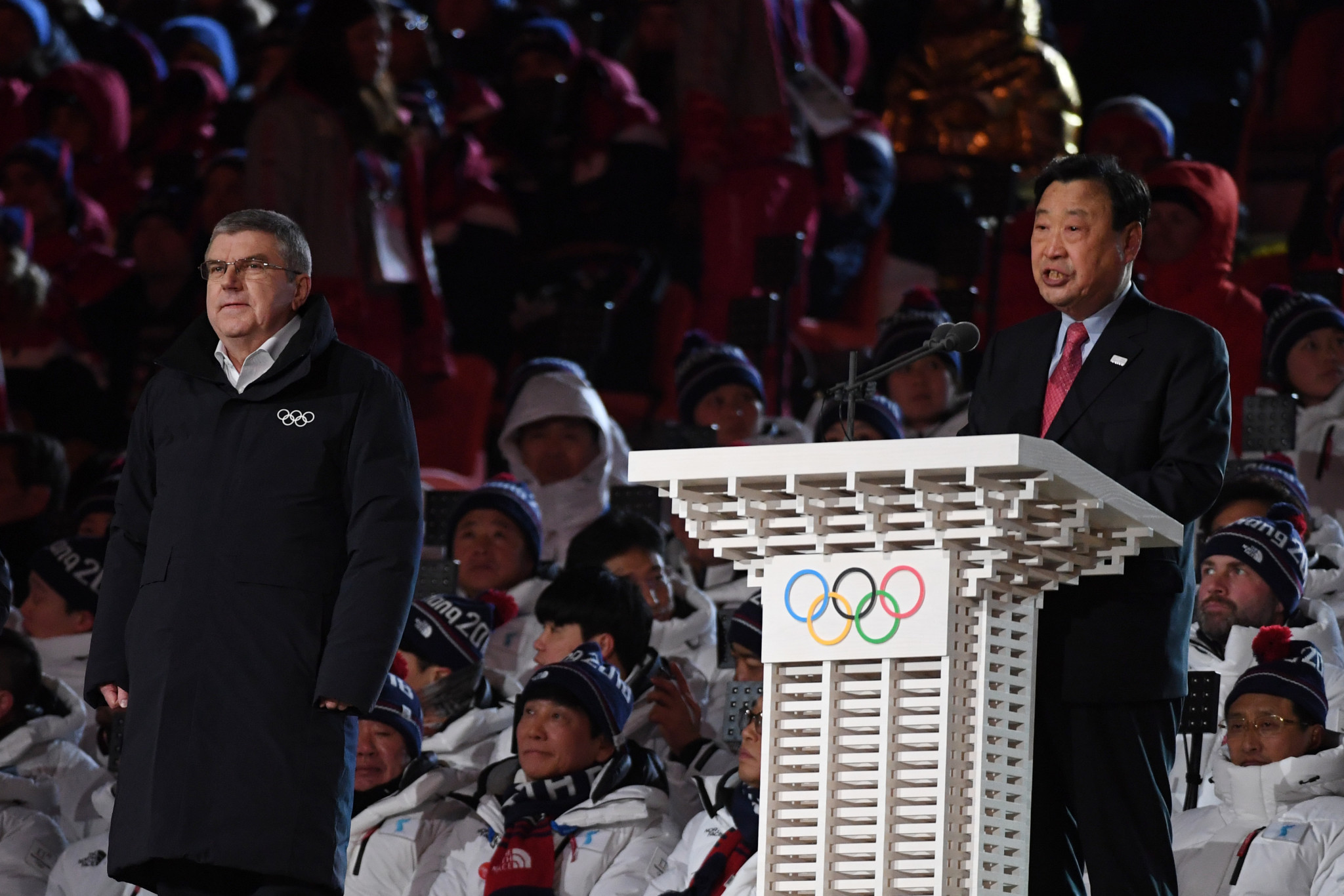 IOC President Thomas Bach, left, spoke alongside Pyeongchang 2018 counterpart Lee Hee-beom ©Getty Images