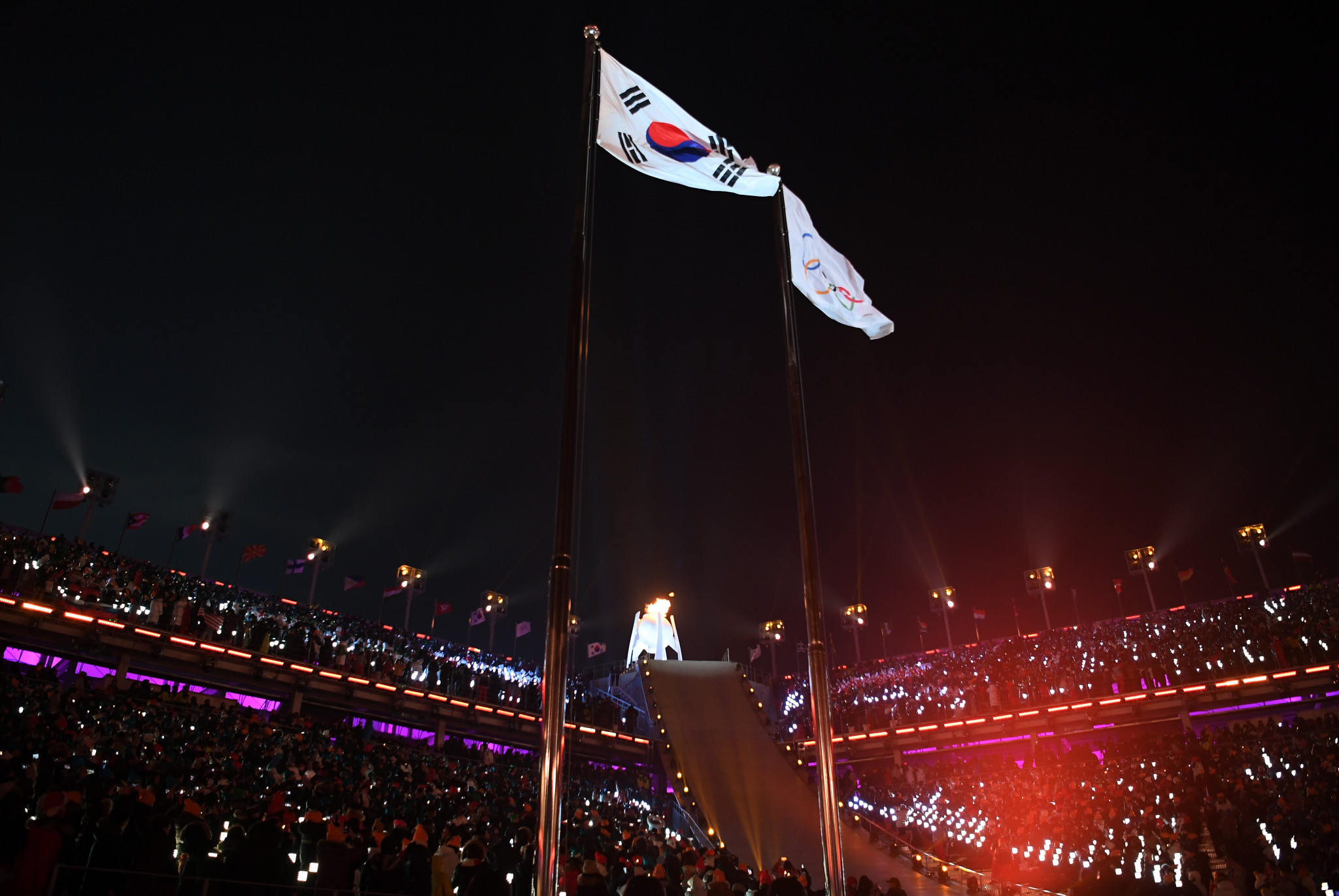 South Korean and IOC flags fly high in Pyeongchang during the Opening Ceremony ©Getty Images