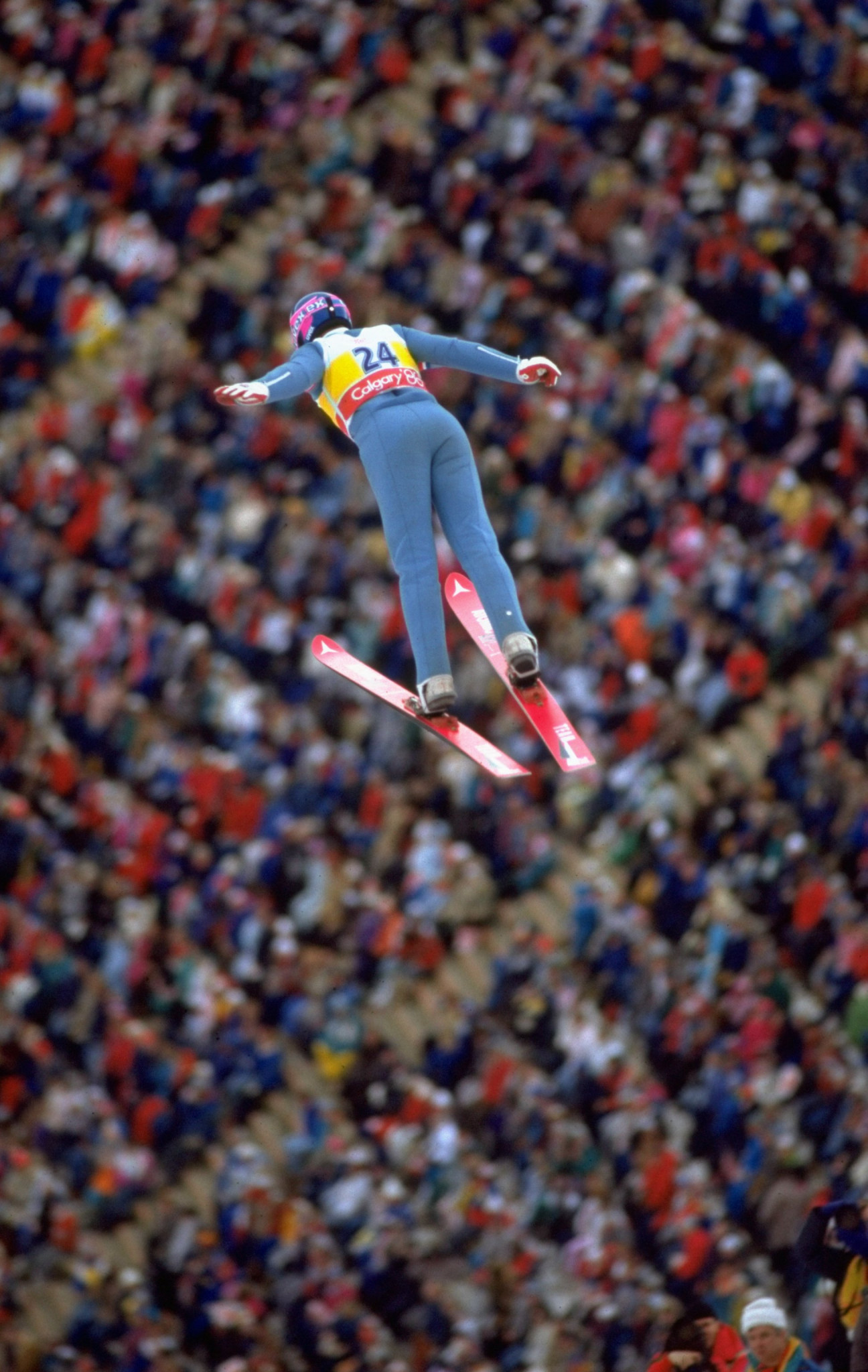 The Eagle has not quite landed - Eddie Edwards competing on the 70m hill at Calgary 1988, where is lack of experience was clear for all to see and led to new rules being introduced ©Getty Images