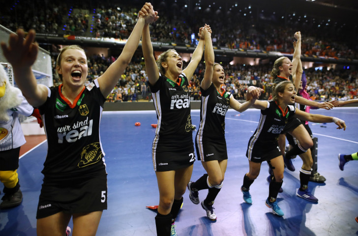 Germany's women celebrate a 2-1 win over defending champions Netherlands in the Indoor Hockey World Cup final in Berlin ©Getty Images