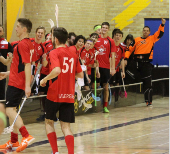 Canada's floorball team celebrates its 5-4 win over the United States today ©IFF Twitter