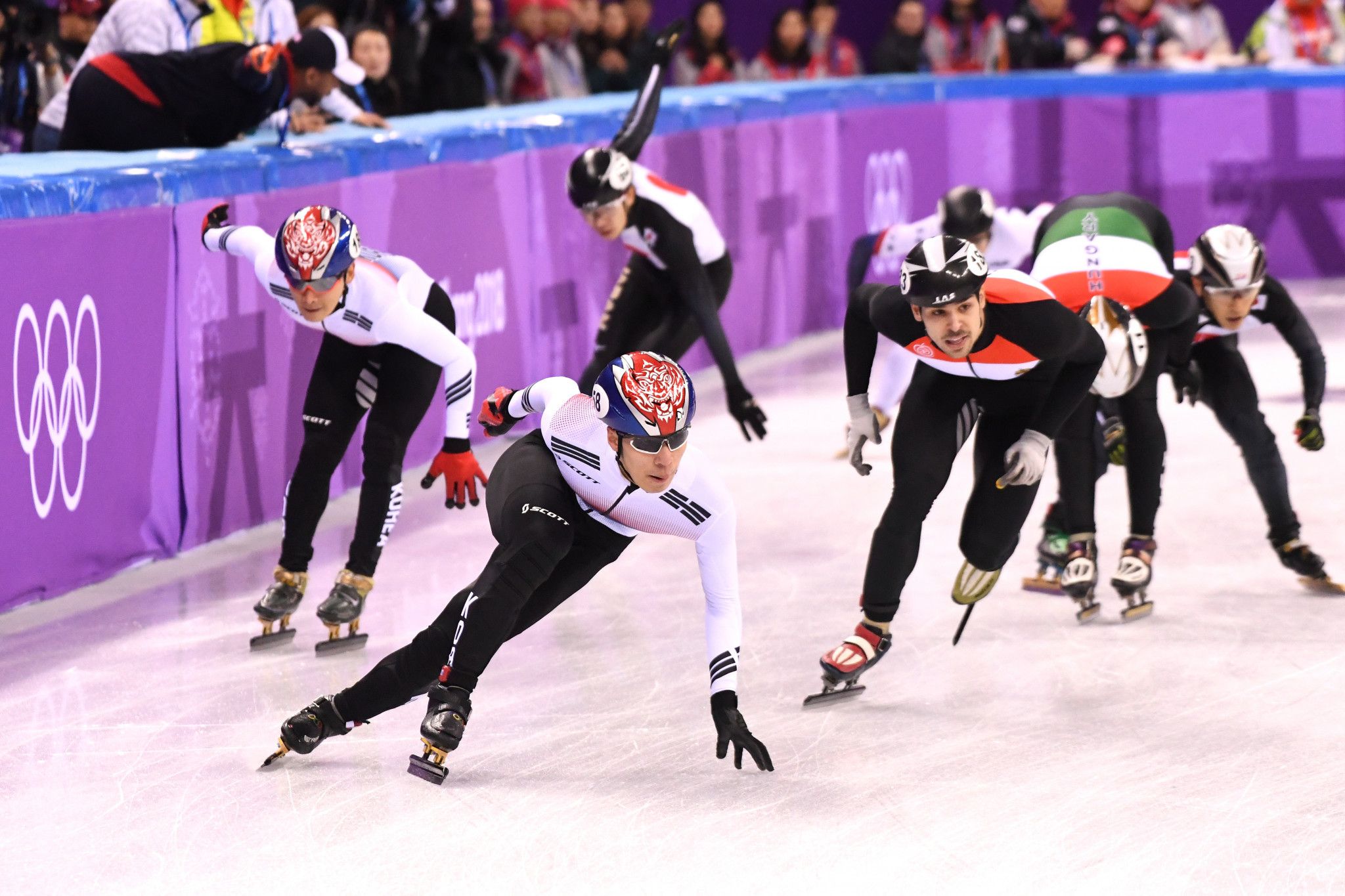 There were thrills and spills in the short-track speed skating relay today ©Getty Images