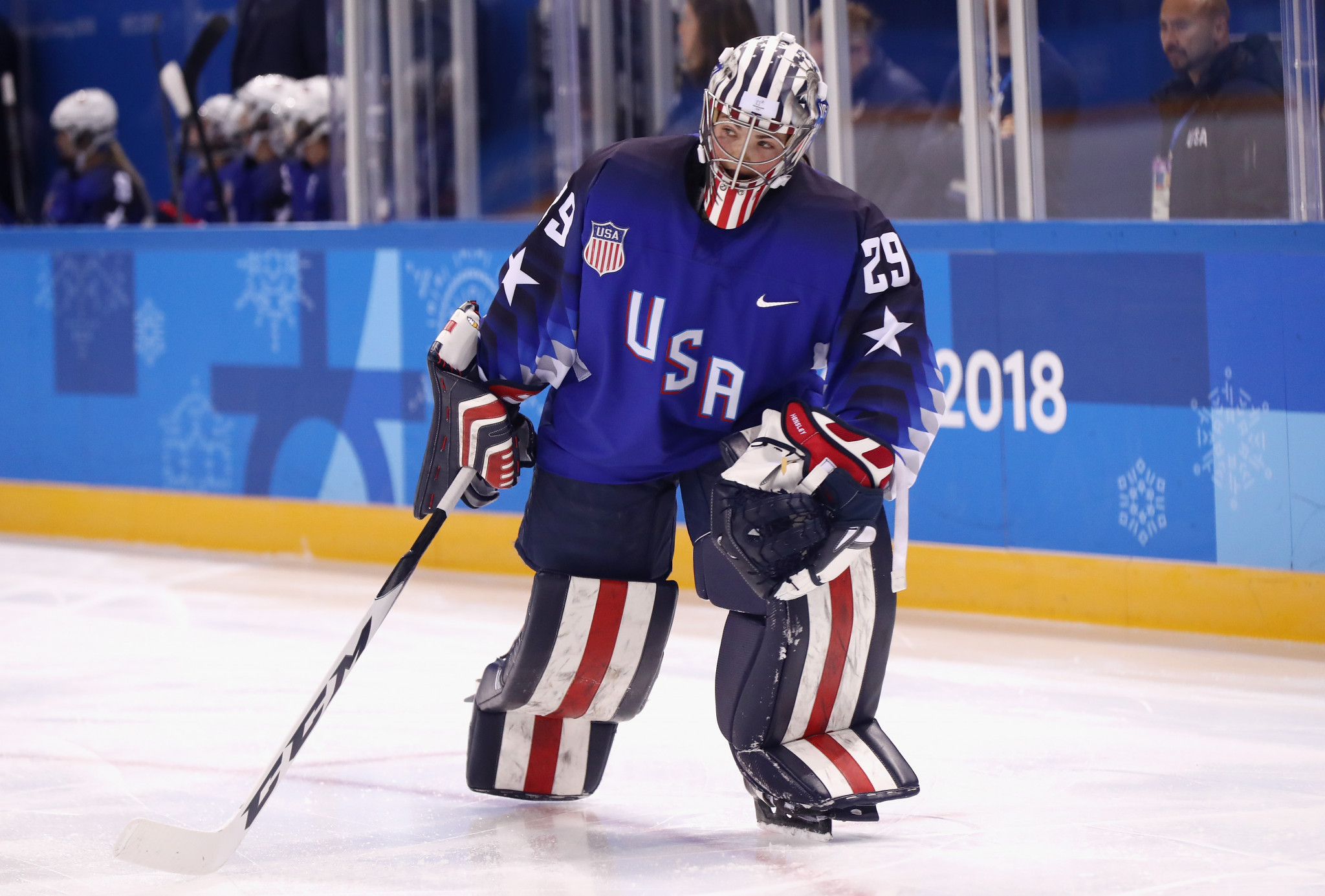 American goaltender Nicole Hensley started the match against the OAR team today at Pyeongchang 2018 and was allowed to wear a helmet with the Statue of Liberty on it ©Getty Images