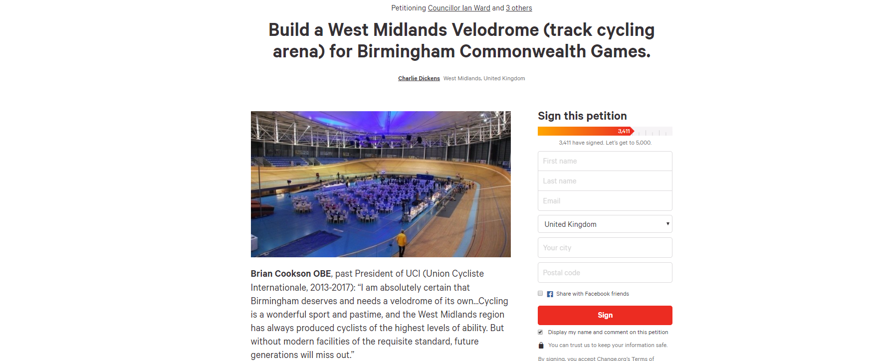 A petition supporting the construction of a velodrome has nearly 3,500 supporters ©Change.org