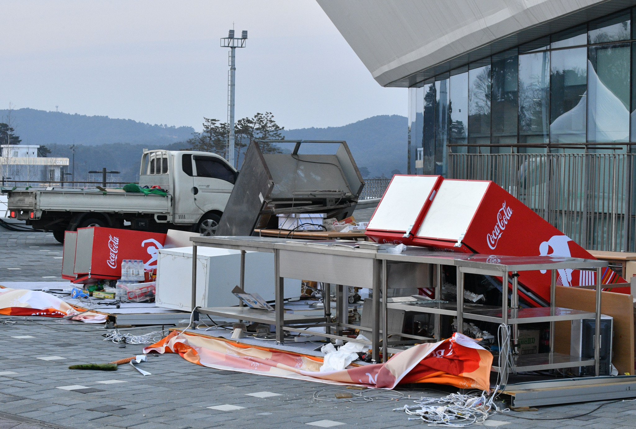 Temporary structures at the Olympic Park in Gangneung were among facilities damaged by the strong winds ©Getty Images