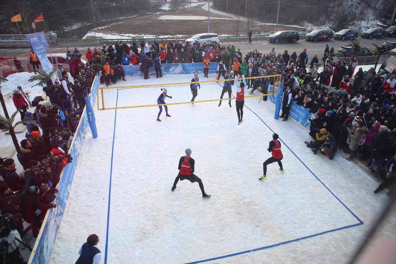 A snow volleyball exhibition took place at Austria House today ©FIVB
