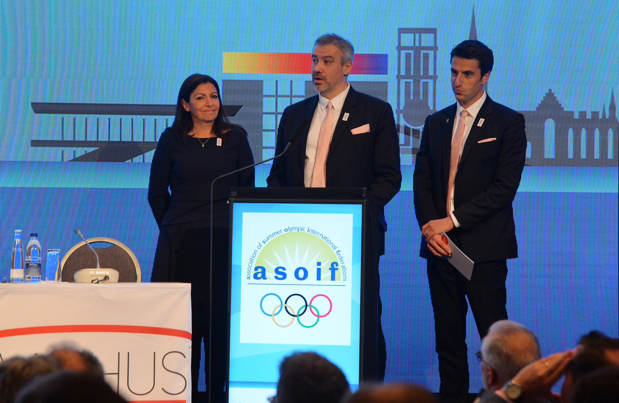 Paris 2024 President Tony Estanguet, right, and chief executive Etiene Thobois, second right, will conduct interviews to find key staff for the French capital's Organising Committee ©Getty Images