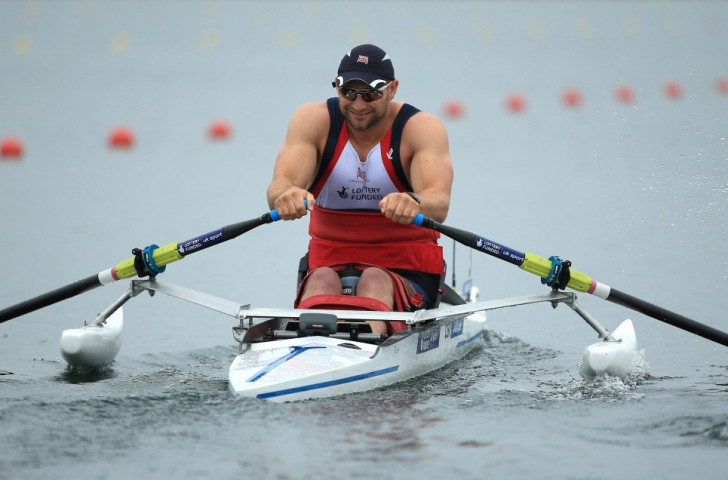 Great Britain's Tom Aggar won the first heat in the Arms and Shoulders Para-men’s singles skulls