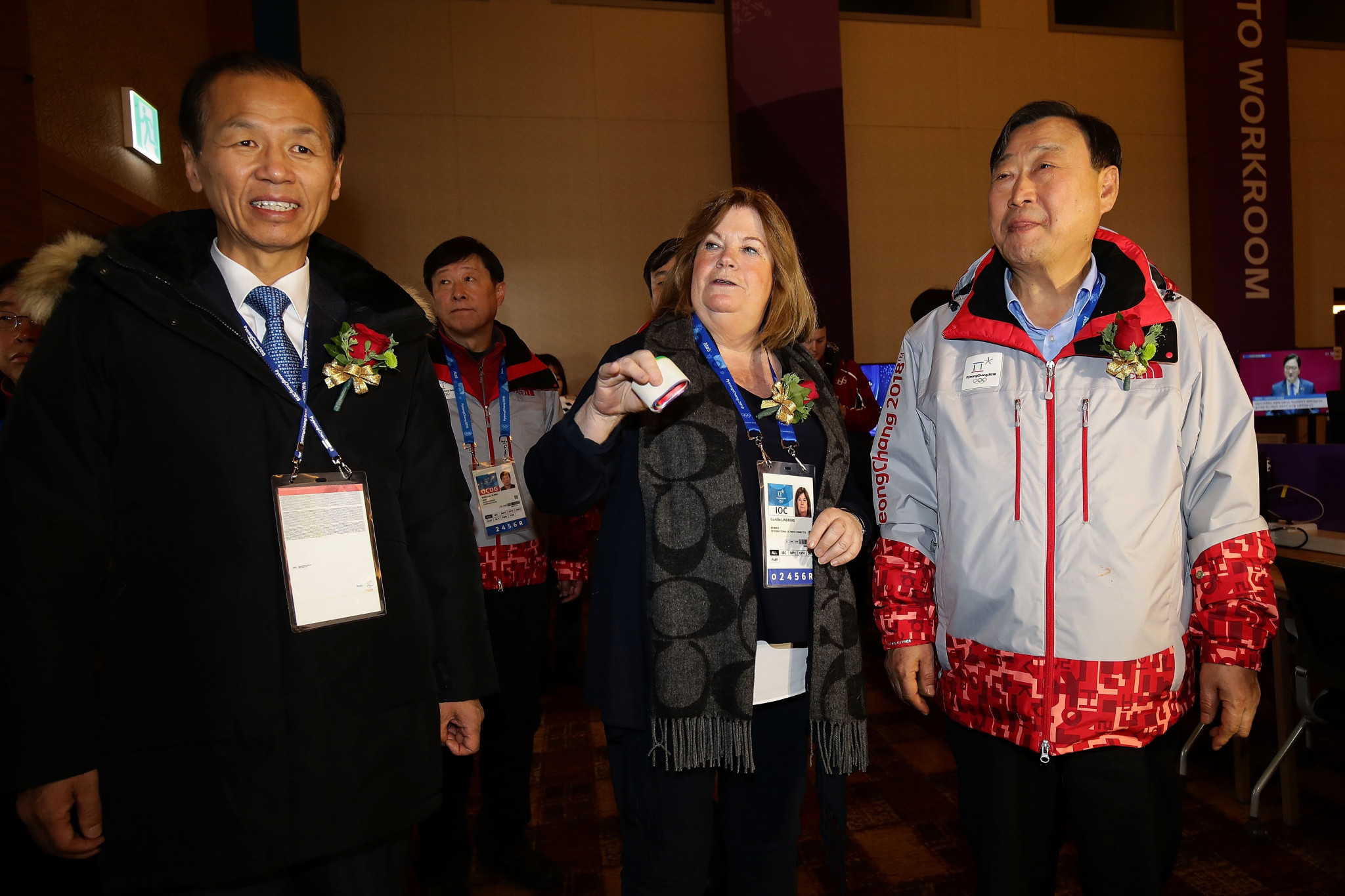 Gangwon Province Governor Choi Moon-soon, pictured left alongside IOC Executive Board member Gunilla Lindberg and Pyeongchang 2018 President Lee Hee-beom, has announced a feasibility review on a bid for the 2021 Asian Winter Games will start after the Winter Olympics ©Getty Images