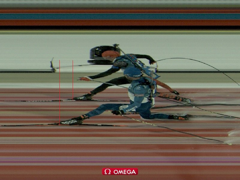 The official photo finish from timekeepers Omega confirms France's Martin Fourcade beat Germany's  Simon Schempp by the narrowest of margins to win the fourth Olympic gold medal of his career ©Omega