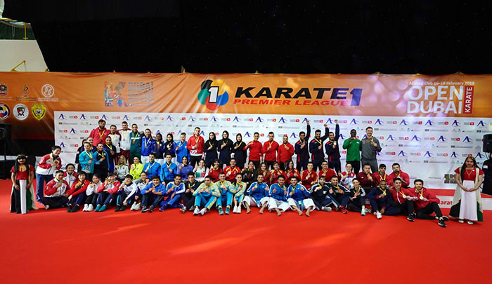 Medallists pose after the Karate 1-Premier League in Dubai ©WKF