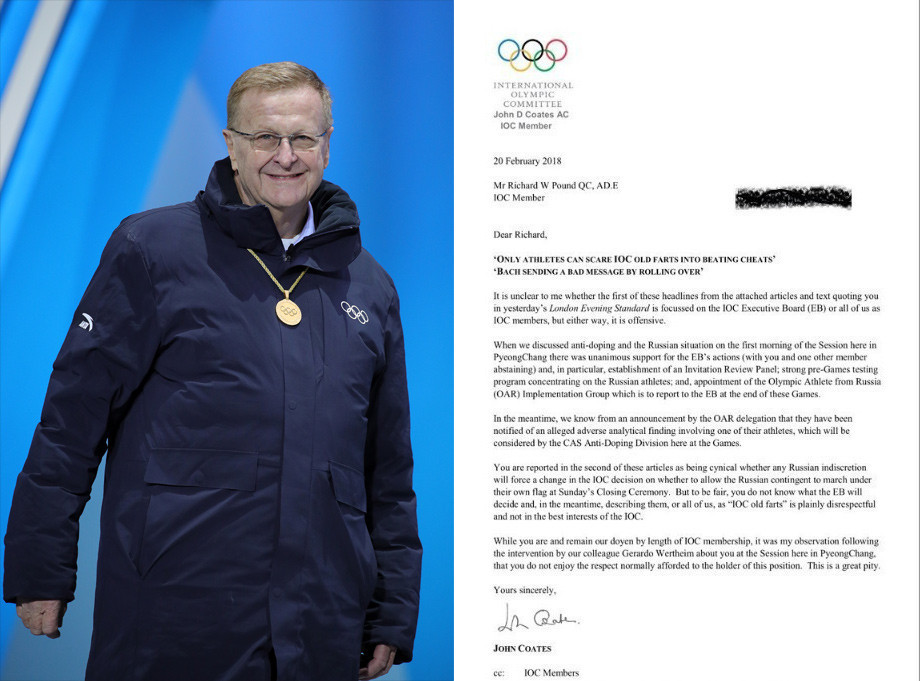 A copy of the letter John Coates, seen at Pyeongchang 2018, has sent to senior IOC member Richard Pound complaining about an interview he gave to the Evening Standard in London about Russia ©Getty Images/ITG