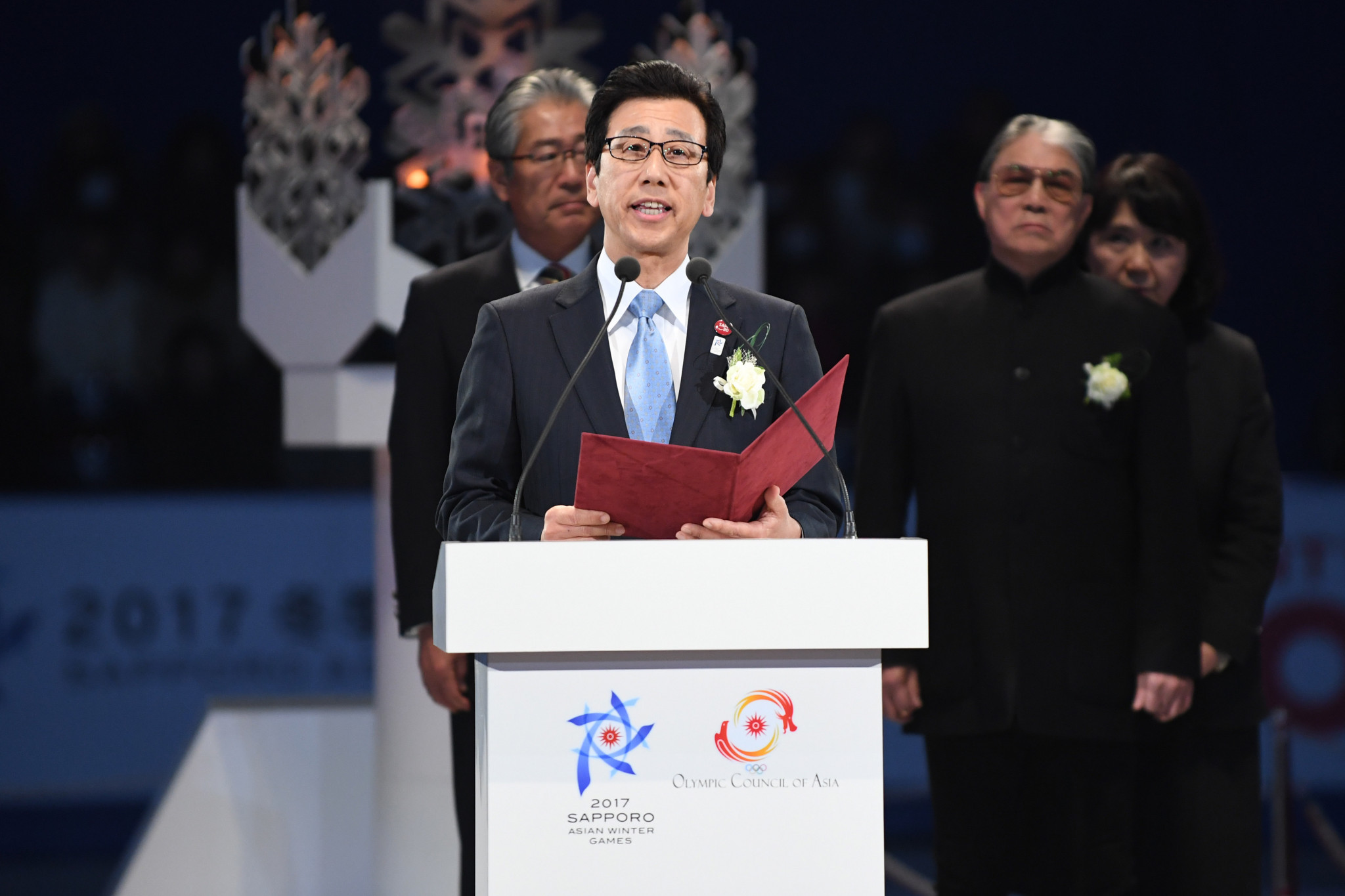 Sapporo Mayor Katsuhiro Akimoto pictured speaking at the Closing Ceremony of last year's Asian Winter Games ©Getty Images