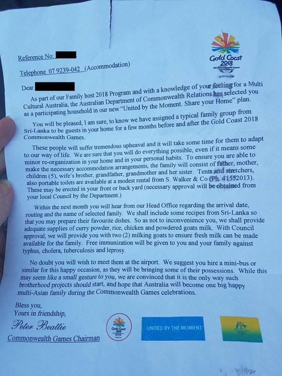 The fake letter stated a resident had been selected to host a Sri Lanakan family ©Reddit