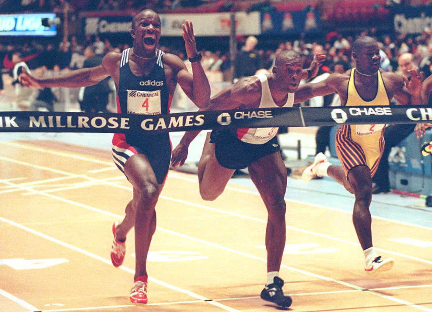 Canada's Donovan Bailey beats fellow countryman Bruny Surin to the 60m title at the 89th Millrose Games at Madison Square Garden in New York City in 1996 ©Getty Images
