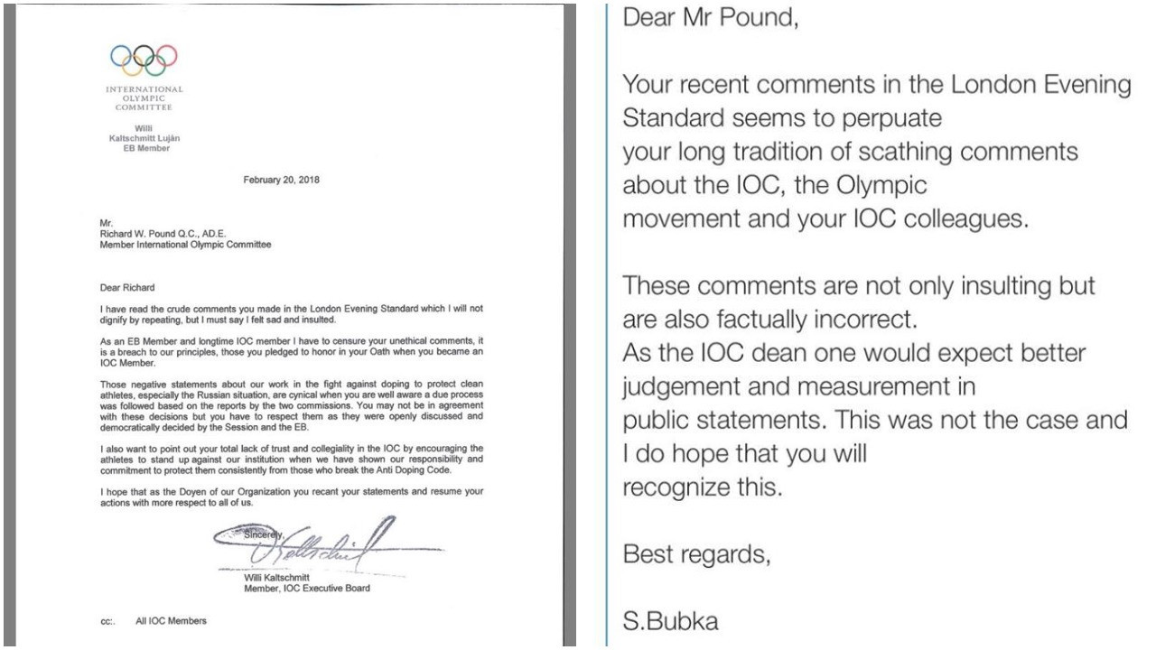Letters and emails have been sent criticising Richard Pound to the entire IOC membership by Ukraine's Sergey Bubka and Guatemala's Willi Kaltschmitt Luján following his comments in the Evening Standard ©ITG