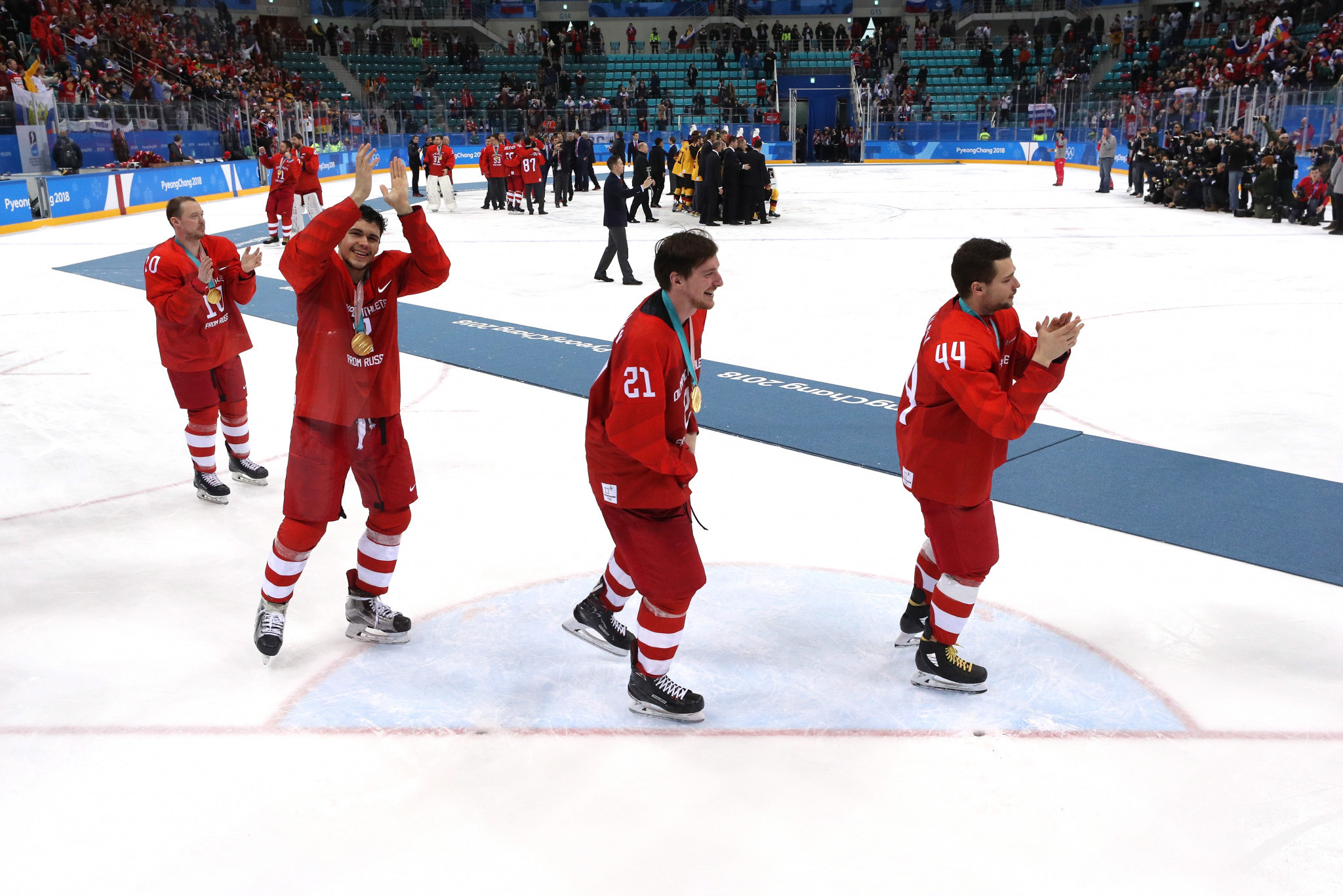 Olympic Athletes from Russia players take to the ice to celebrate their gold medal success ©Getty Images