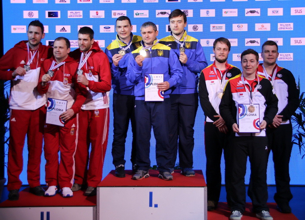 Ukraine finished top of the podium in the men's 10m air pistol team event ©ESC