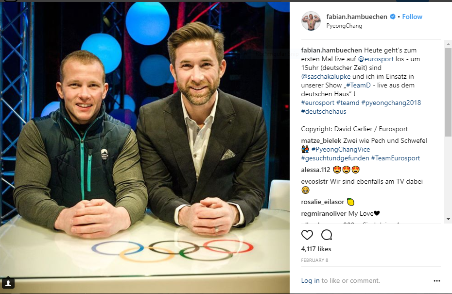  Former German gymnast Fabian Hambuechen, left, was involved in Eurosport coverage from the German Team House at the Pyeongchang 2018 Games ©Instagram