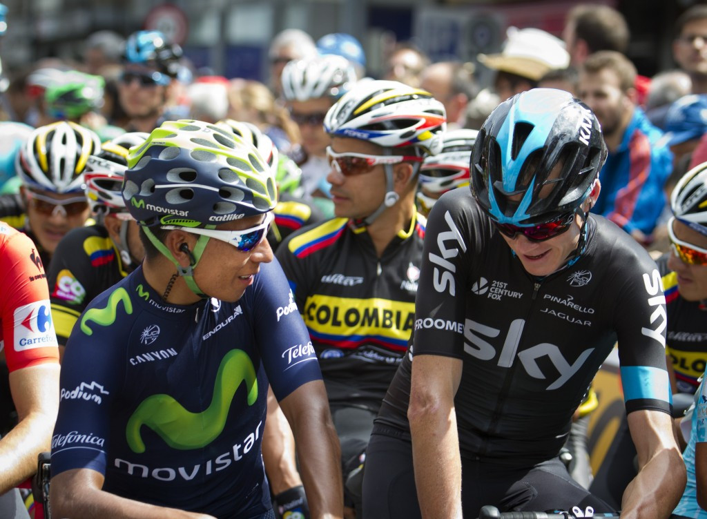 Chris Froome (right) pictured at the beginning of the stage alongside overall classification rival Nairo Quintana, is now out of contention ©AFP/Getty Images