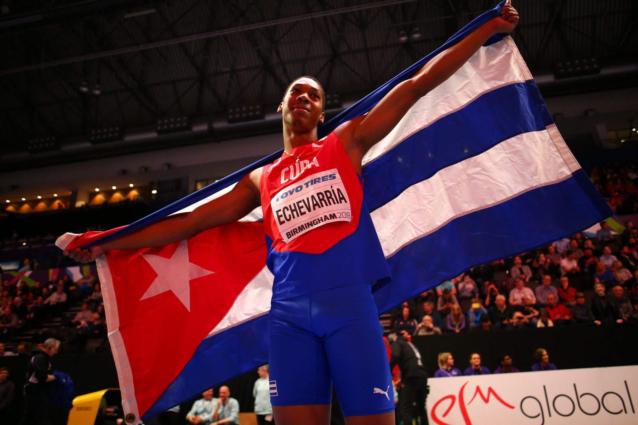 Cuba's 19-year-old Juan Miguel Echevarria won an extraordinary World Indoor long jump gold at Arena Birmingham ©Getty Images