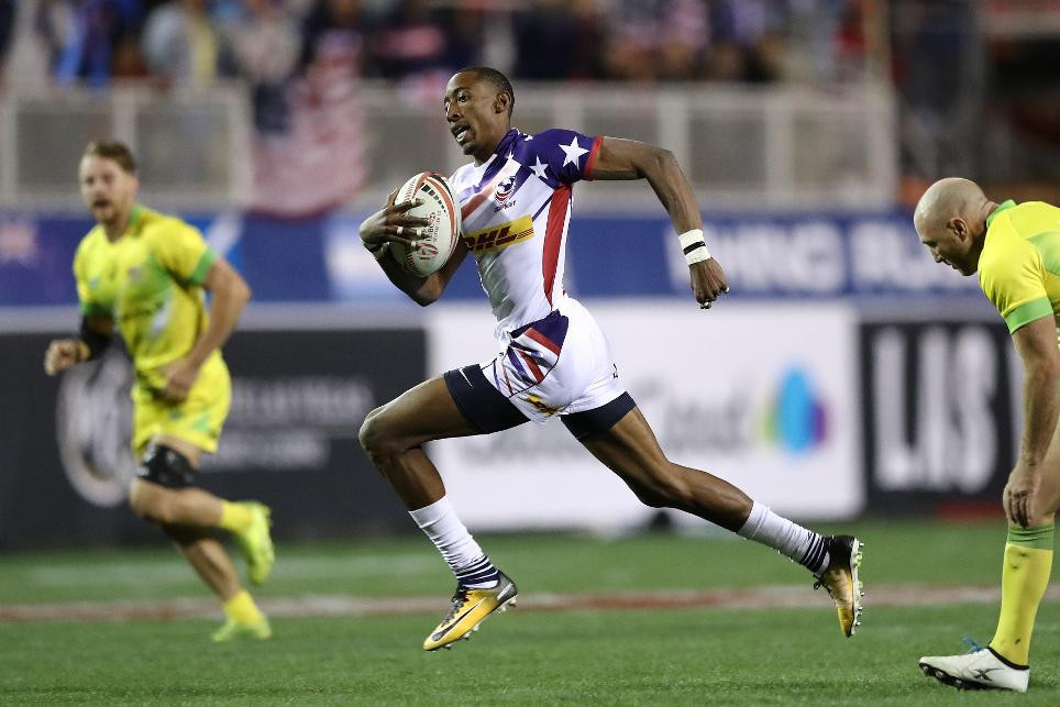 Perry Baker scored two tries as the US beat Australia 28-7 at the HSBC World Rugby Sevens Series in Las Vegas ©World Rugby 