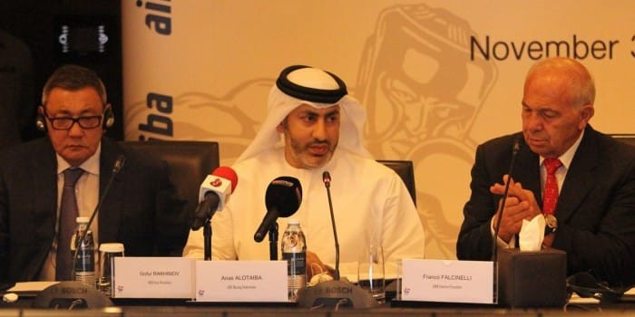 Anas Al Otaiba, centre, President of the UAE Boxing Federation, is a close ally of new AIBA Interim President Gafur Rakhimov, left, who was appointed despite his links to organised crime ©Facebook