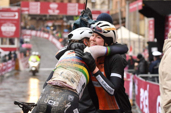 Dutch Rio 2016 road race champion Anna van der Breggen is embraced by a team-mate after winning the one-day Italian Classic Strade Bianche race in Siena ©Twitter