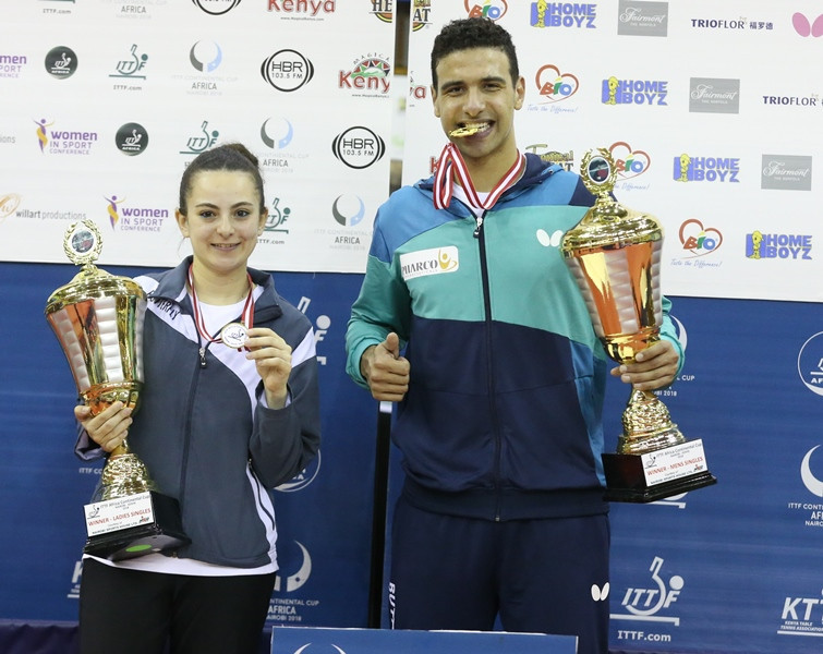 Dina Meshref and Omar Assar display their silverware after winning the ITTF Africa Cup Top 16 honours in Nairobi ©Getty Images