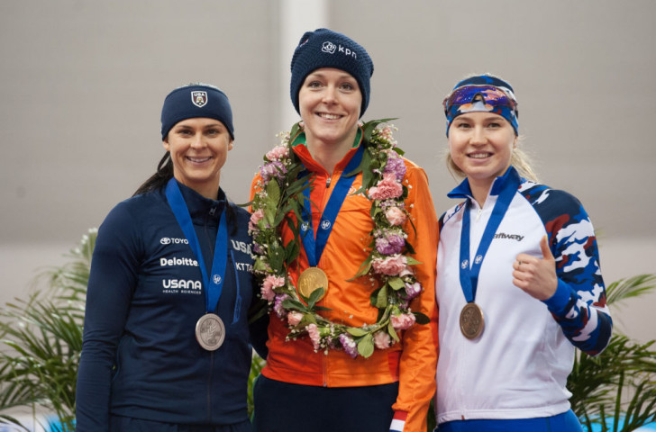 Jorien ter Mors of The Netherlands won gold at the World Sprint Speed Skating Championships in Changchun, with Brittany Bowe of the United States, left, taking silver and bronze going to Russia's Olga Fatkulina ©ISU