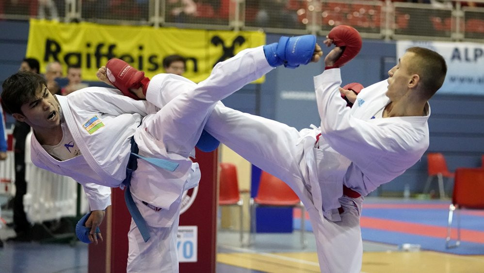 Grand Winner Sadriddin Saymatov of Uzbekistan, left, produced one of the most impressive performances on the final day of the Karate 1-Series A in Salzburg ©WKF