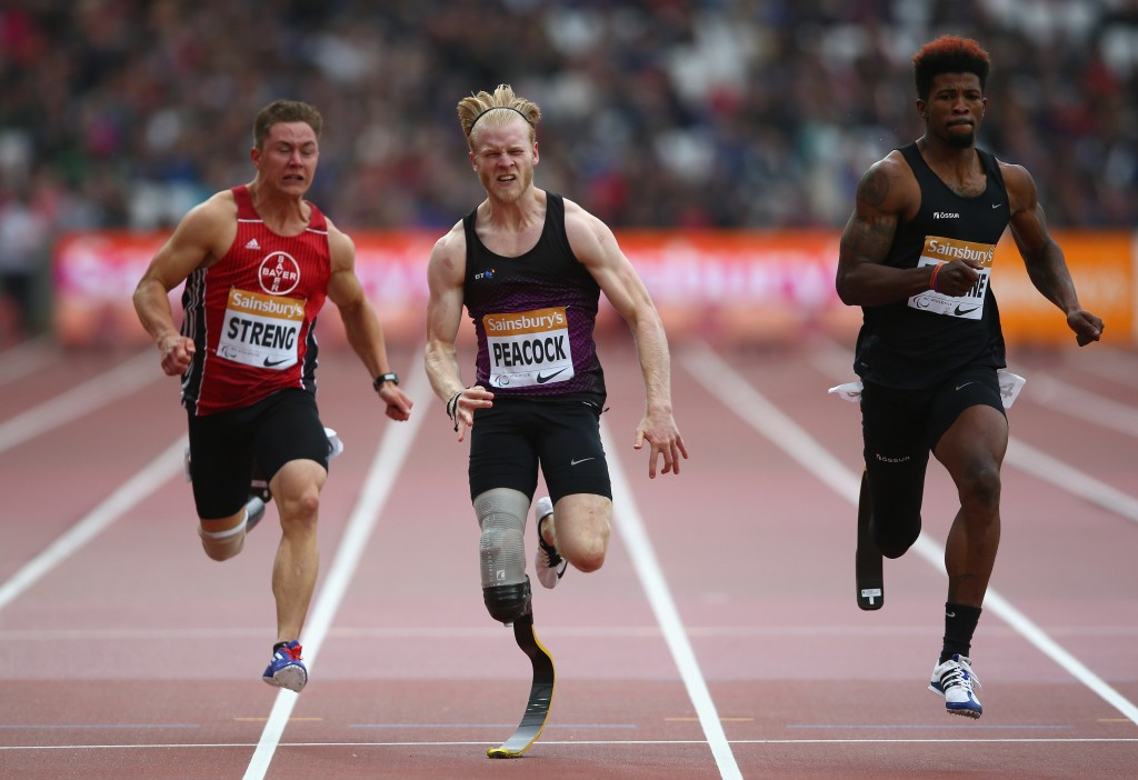 Richard Browne (right) got the better of Jonnie Peacock (centre) at the Anniversary Games in London in July