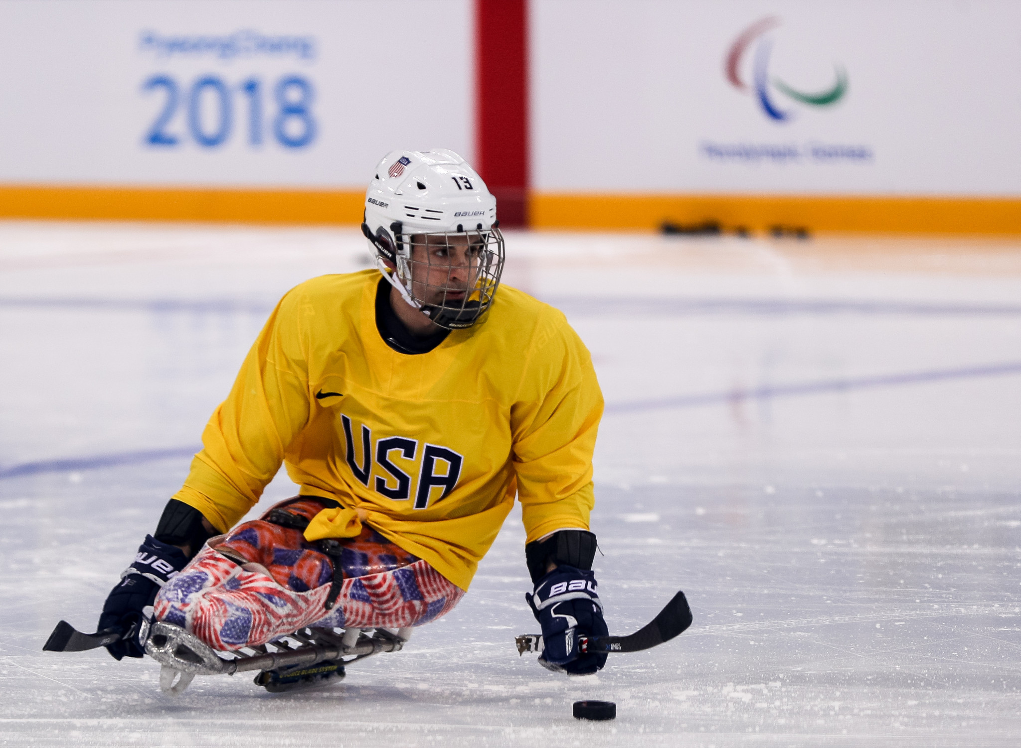Para ice hockey player Luke McDermott of the United States in action during a training session at Gangneung Hockey Centre ©Getty Images